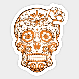 Sugar Skull Halloween Orange & Black Day of the Dead Skull w/ Flowers & Stars Sticker